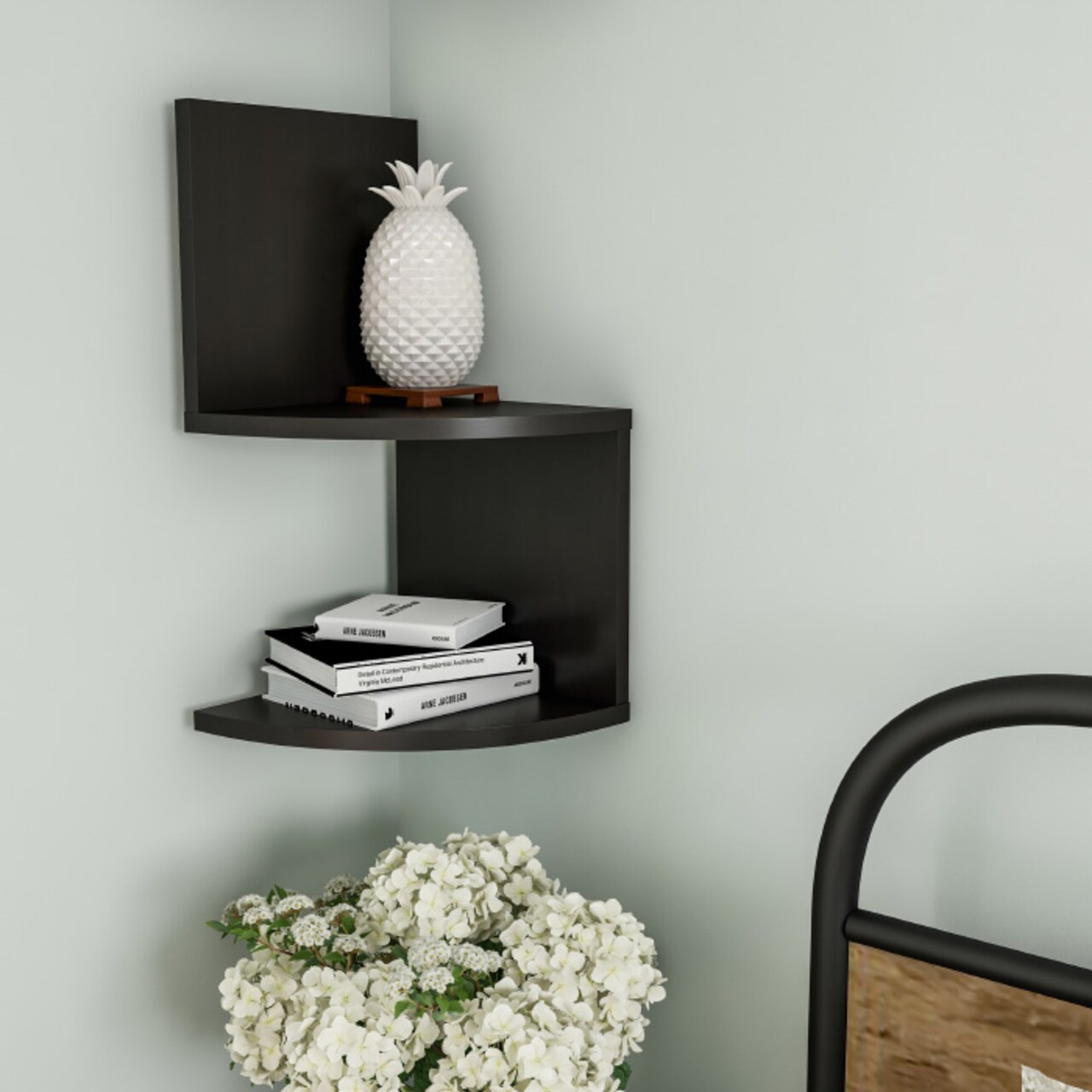Lavish Home Black Floating Corner Shelf- 2 Tier Wall Shelves with Hidden Brackets to Display Decor, Books, Photos, More